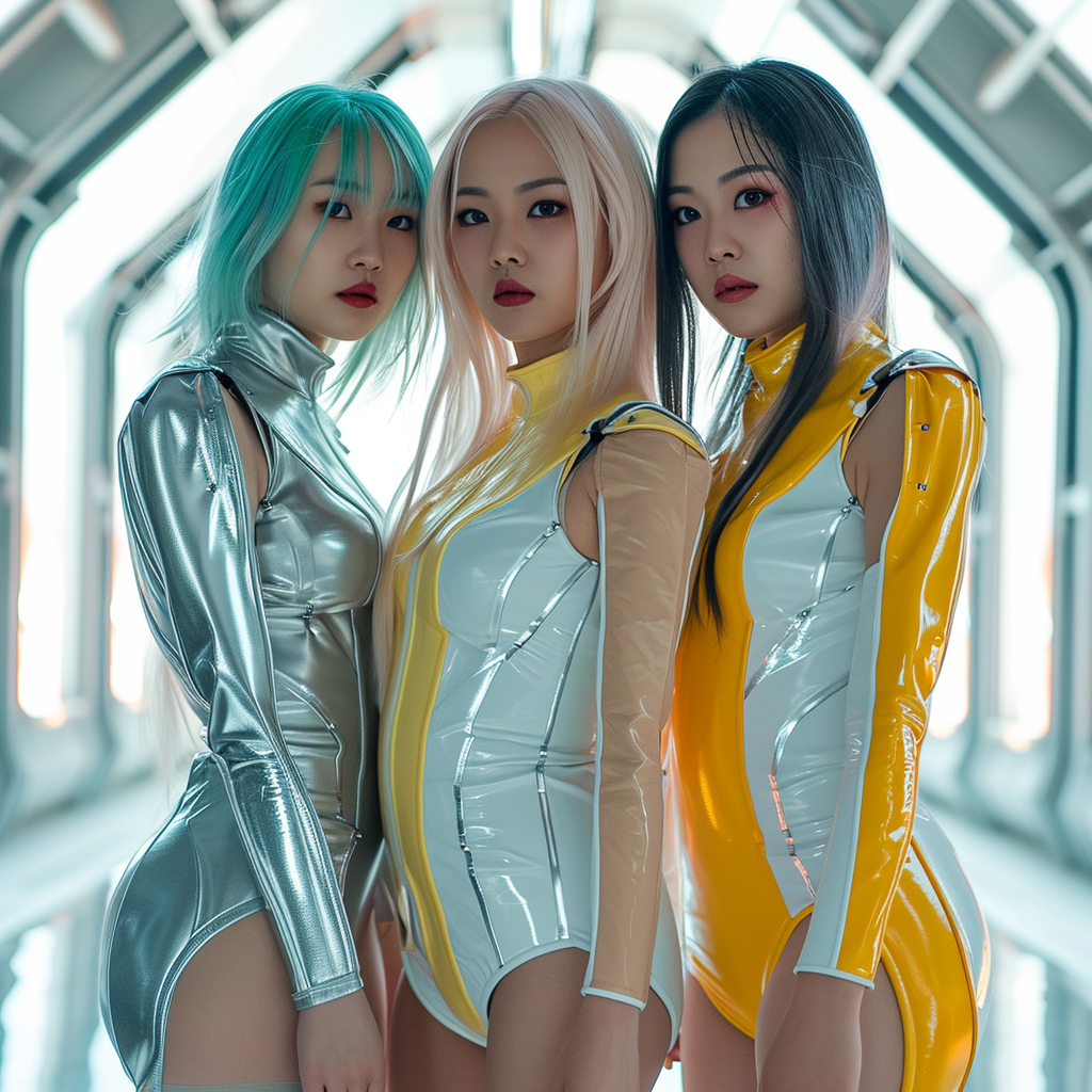 Three Gorgeous Asian Robots Girls in Futuristic Bullet Train