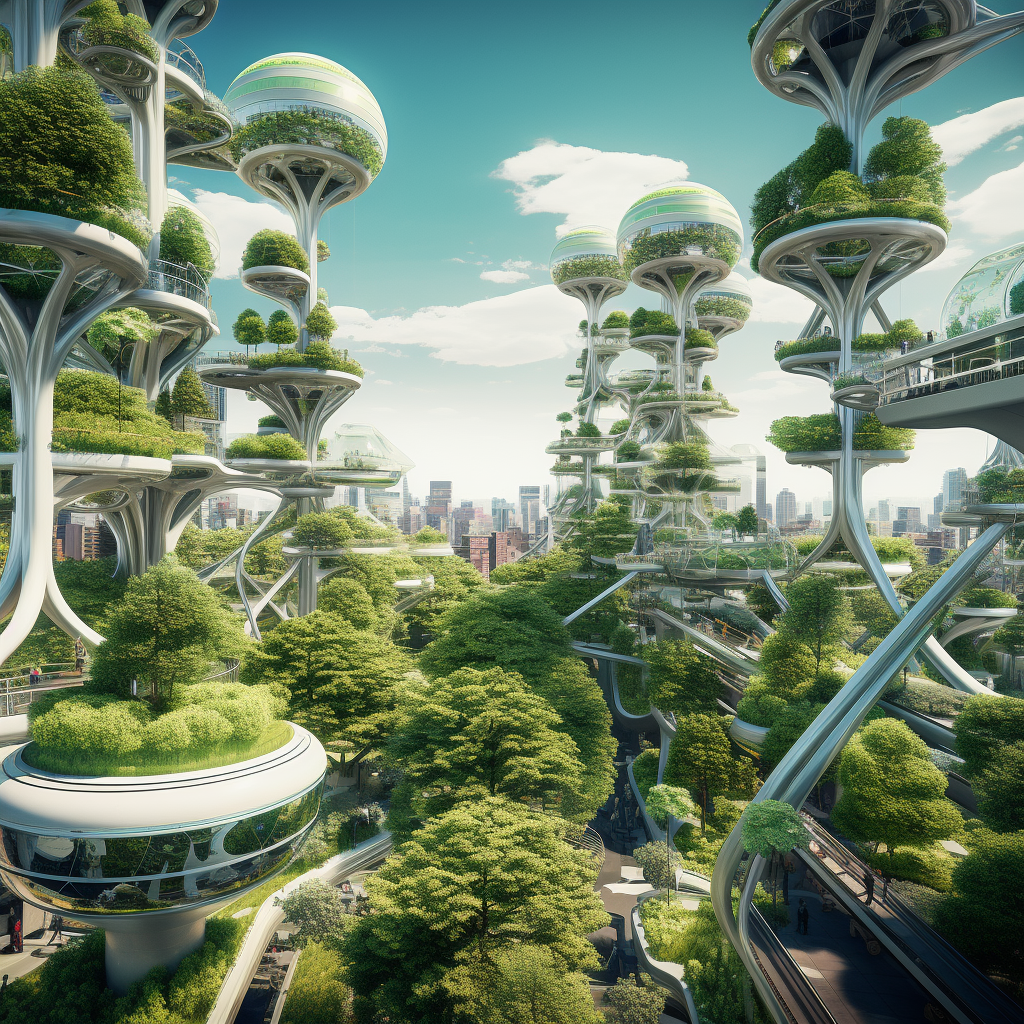 Futuristic cityscape with life pods and nodes