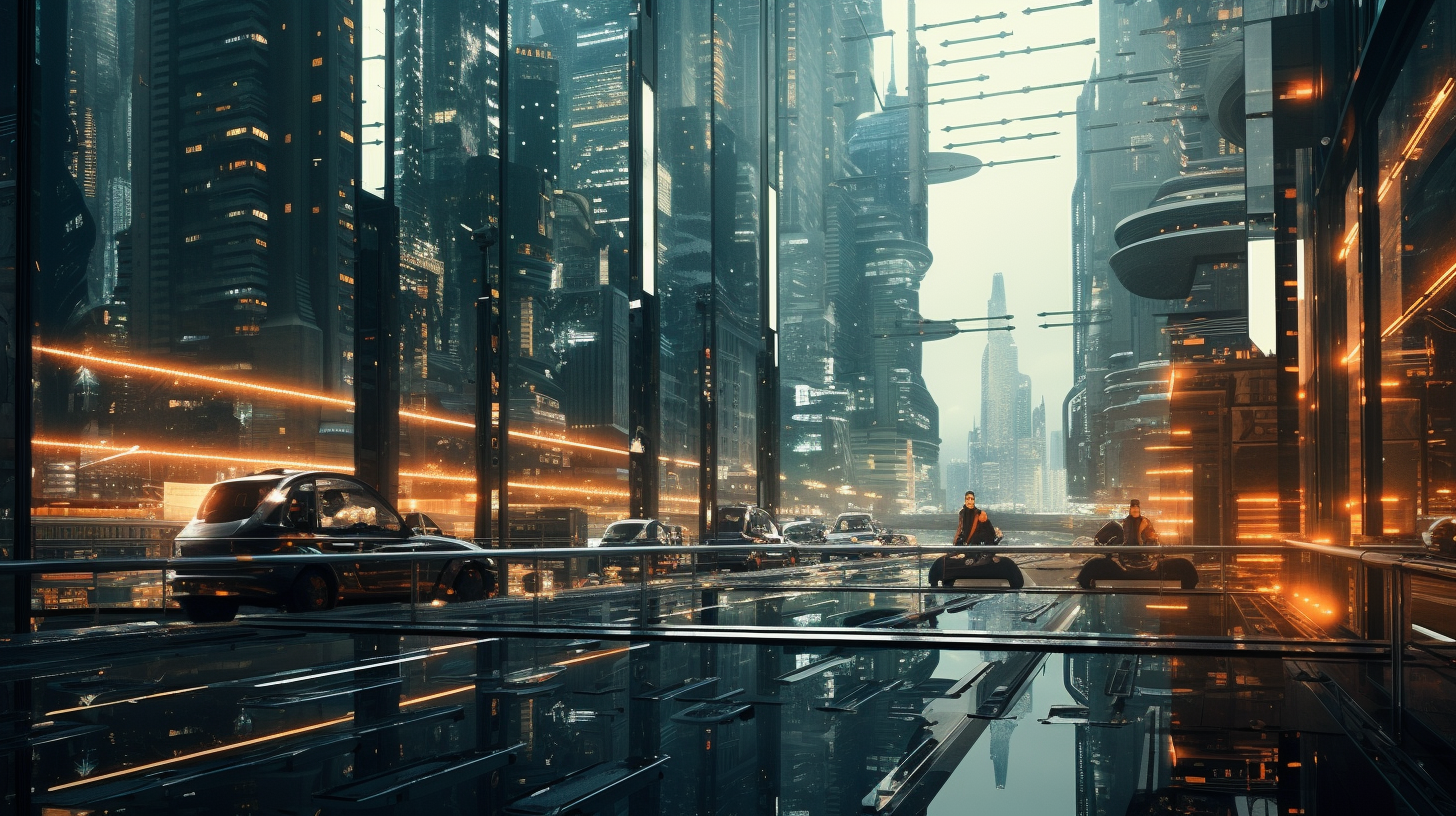 Detailed futuristic city with fluorescent lights