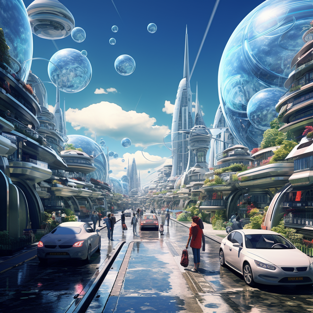 Futuristic city with flying cars