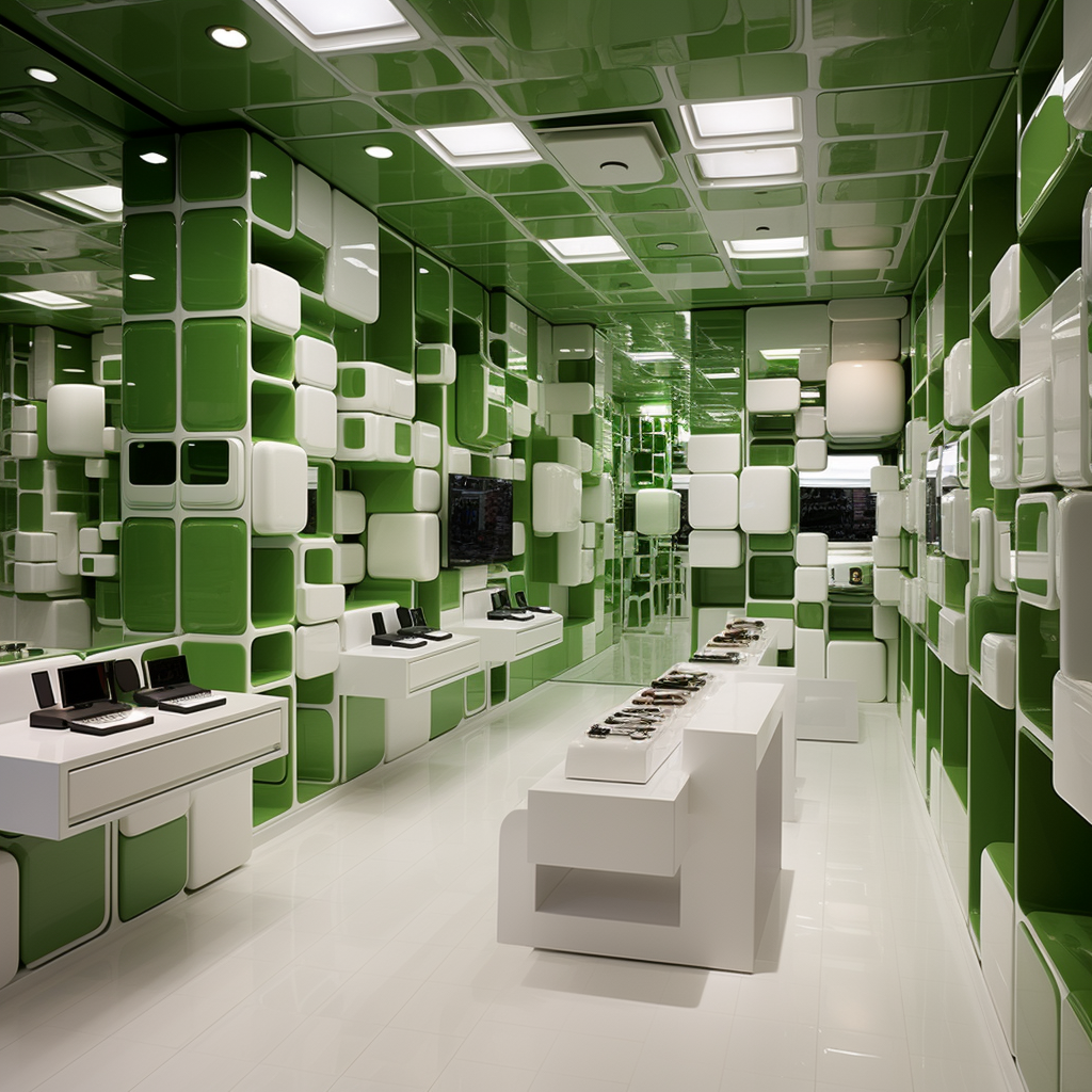 Green and White Futuristic Store Display