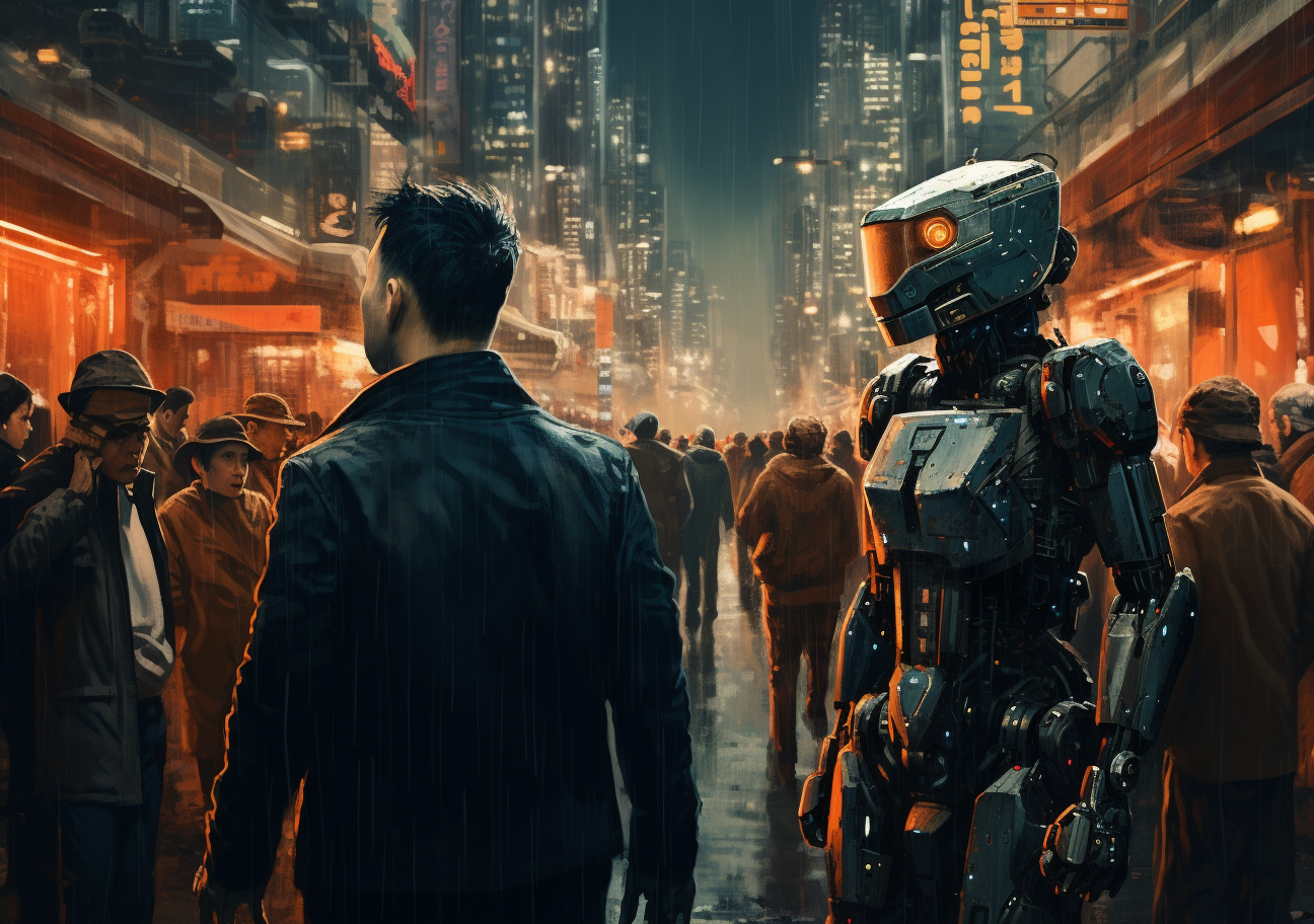 Artistically painted futuristic Tokyo street with robots