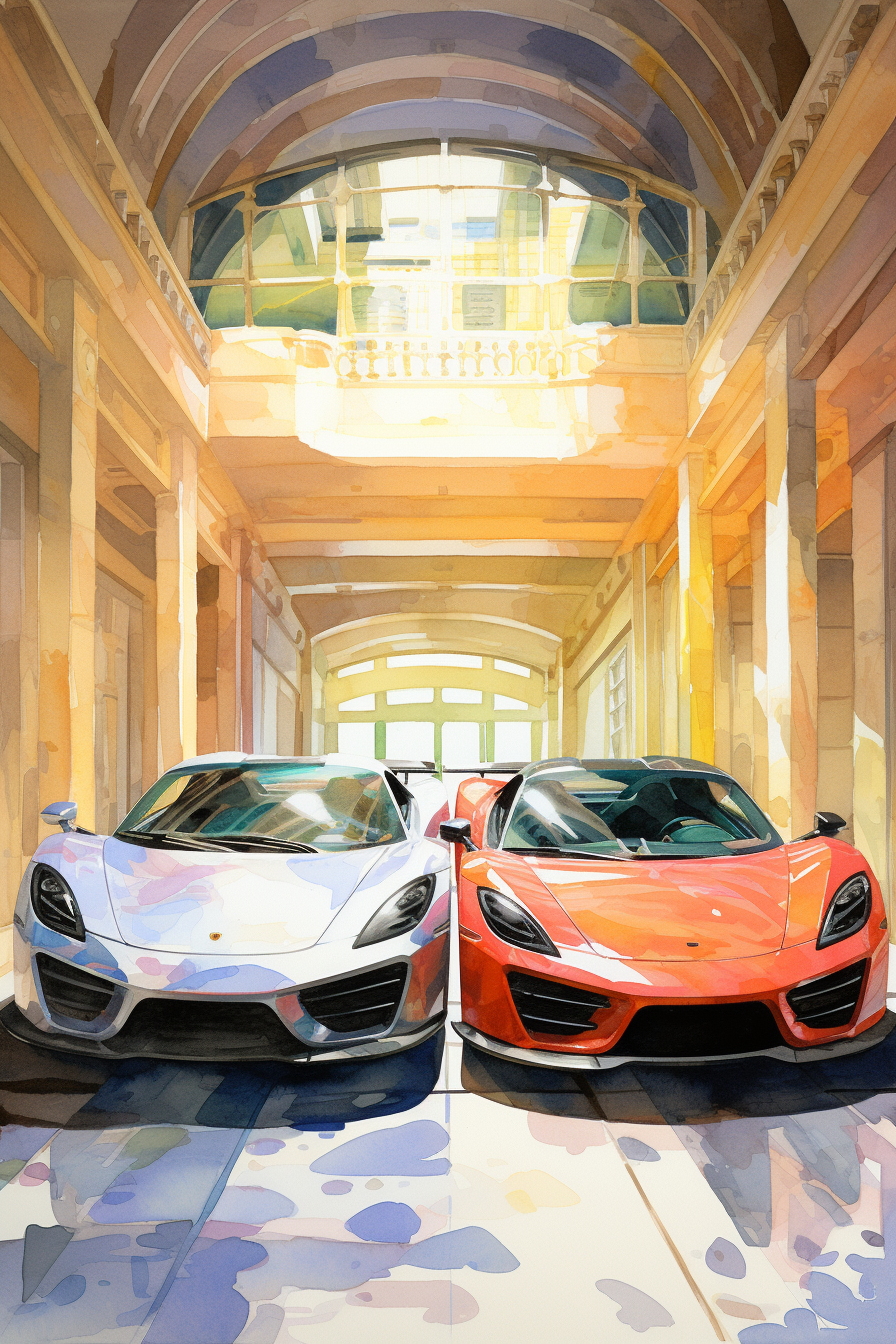 Watercolor rendering of luxury supercars parked in a garage