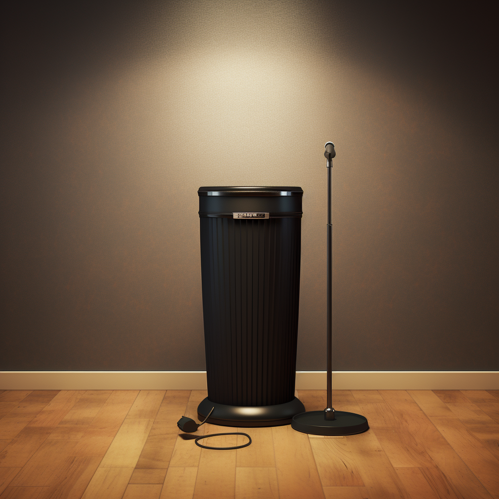 Garbage can and microphone stand side by side