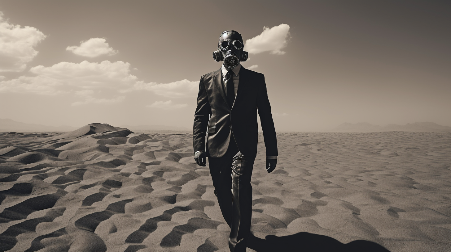 Man in gas mask walking through desert