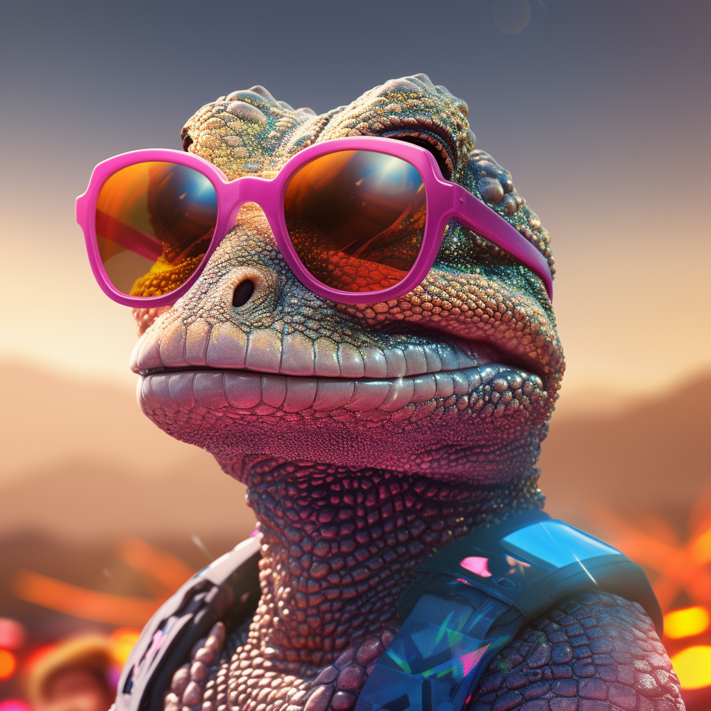 Gecko wearing neon sunglasses at a rave