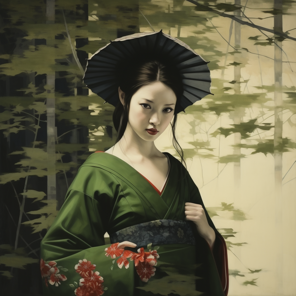 Geisha in green rural environment with trees and shrubs