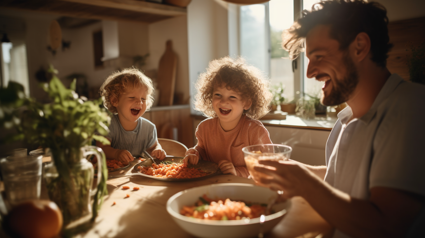 Gen Z friends with baby eating penne