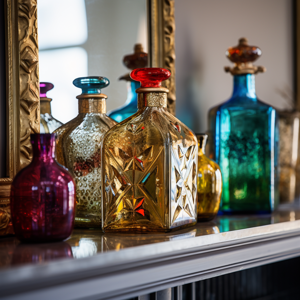 Close-up of Colorful Glass Bottles on Georgian Mantle Piece