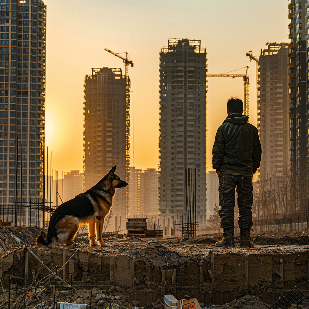 German Shepherd overseeing construction with owner