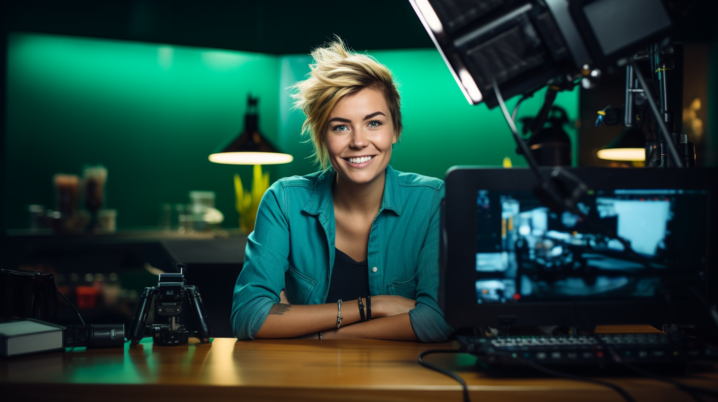 Happy German Woman Talking at Desk