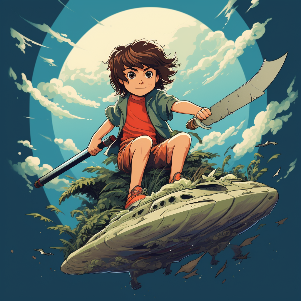 Boy on a Flying Machete in Studio Ghibli Style