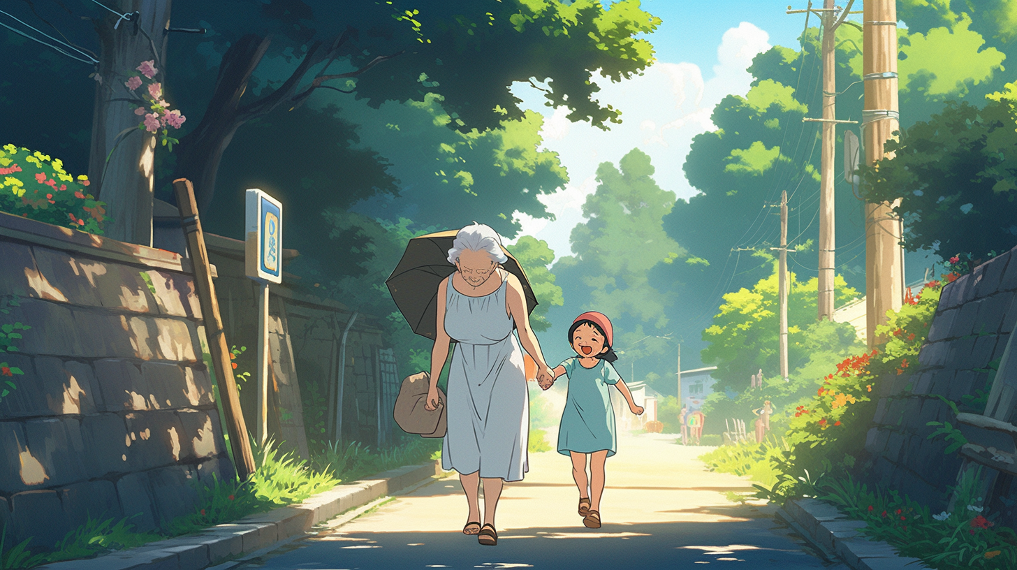 Elderly grandmother and grandchild walking hand in hand