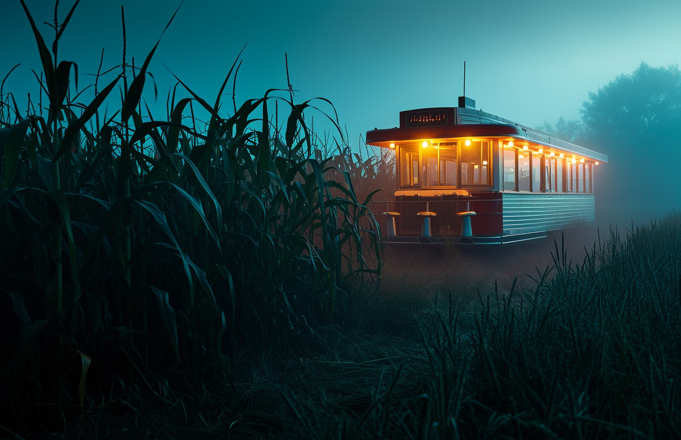 Enigmatic 1950s diner in corn field