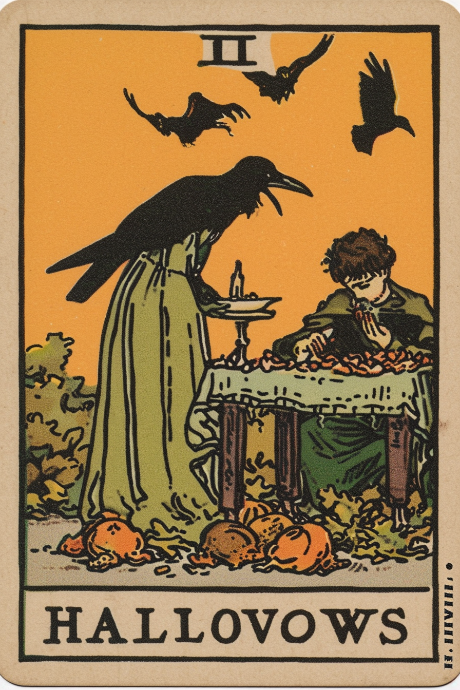 Spooky ghoul near table with rotten food and crows