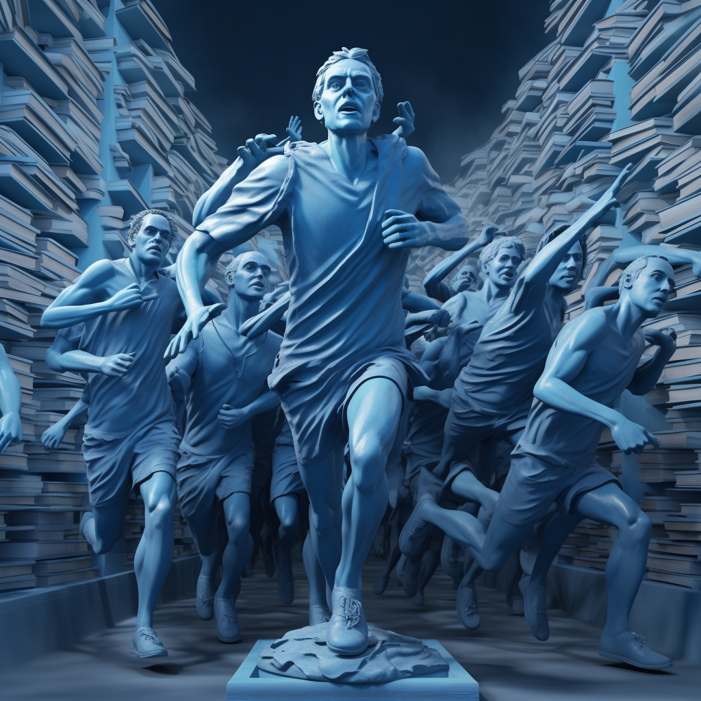 Blue book statue with runners