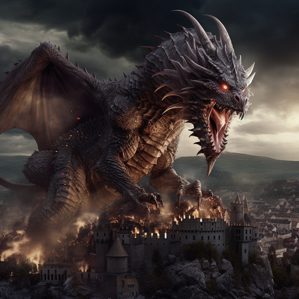 Giant dragon crushing medieval city