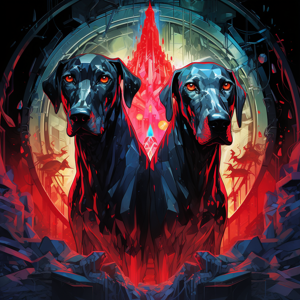 Giant hounds with glowing red eyes and fluorescent crystals