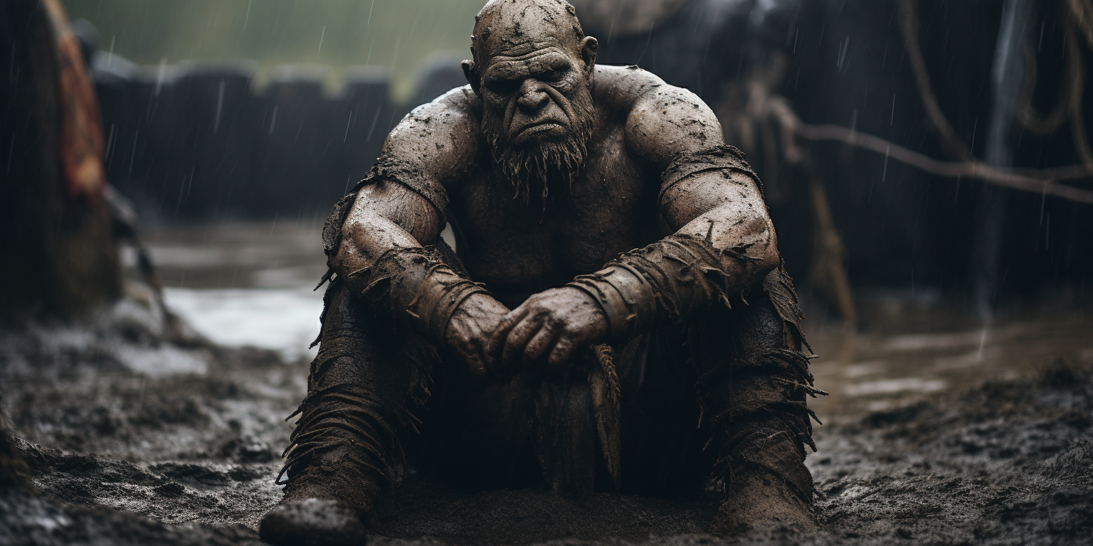 Grimdark orc chained in muddy swamp