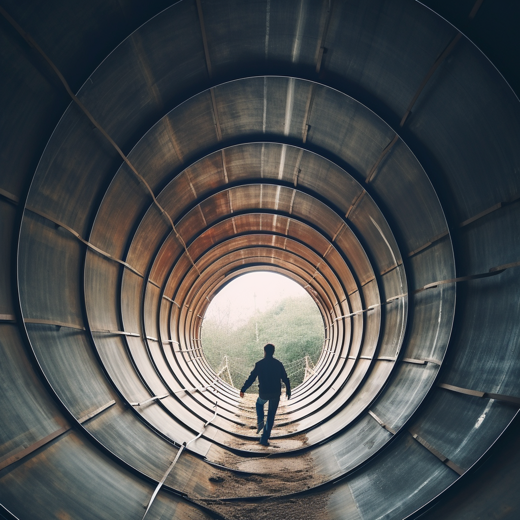 Adventurous climber exploring giant pipe