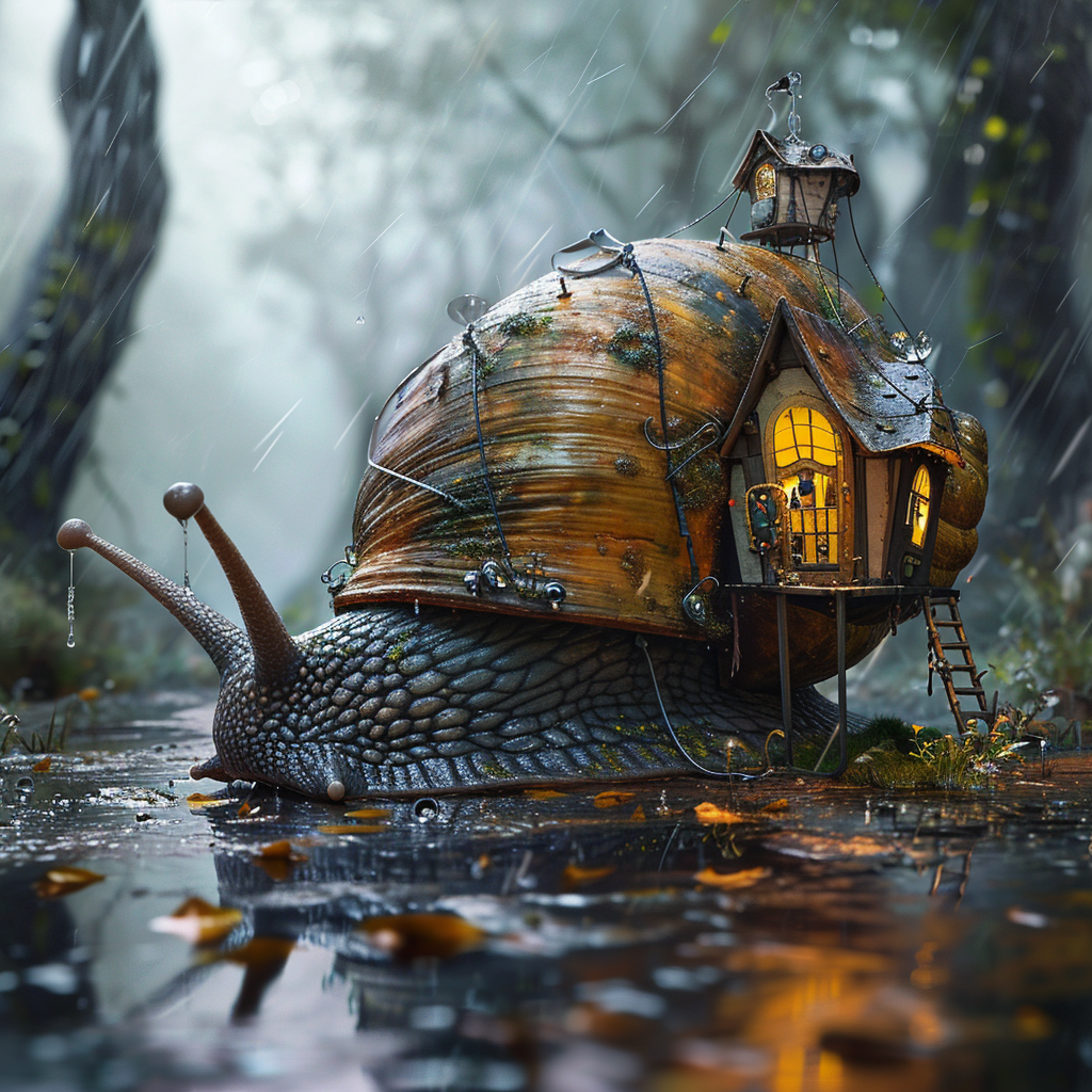 Giant snail in rain with house