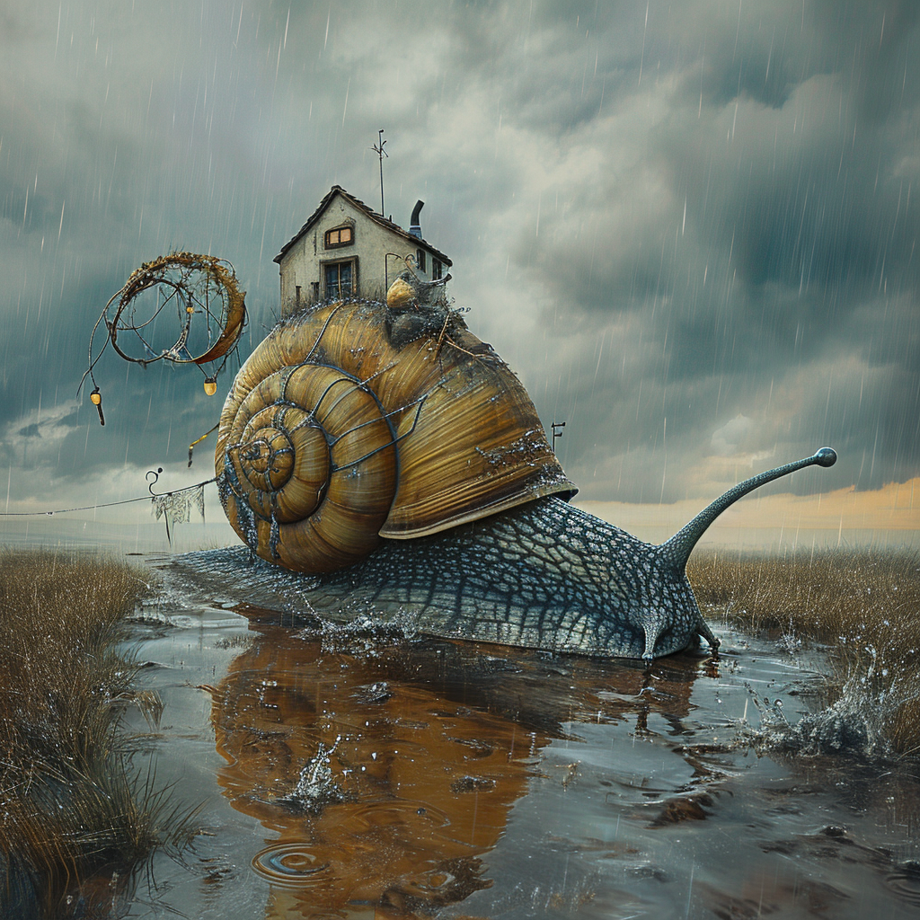 Giant snail with house in rain