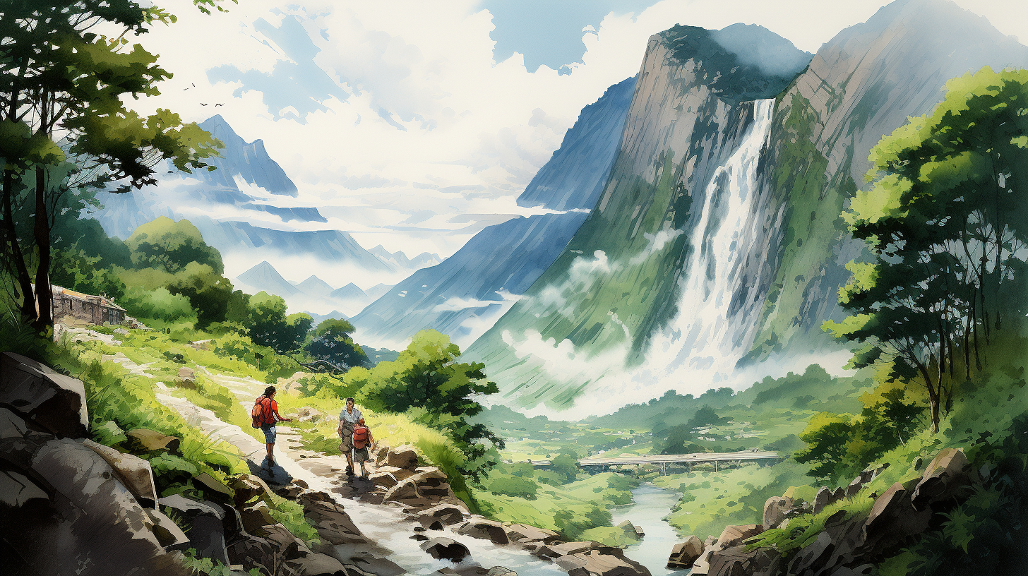 Watercolor of a giant waterfall surrounded by scenic mountains and two hikers