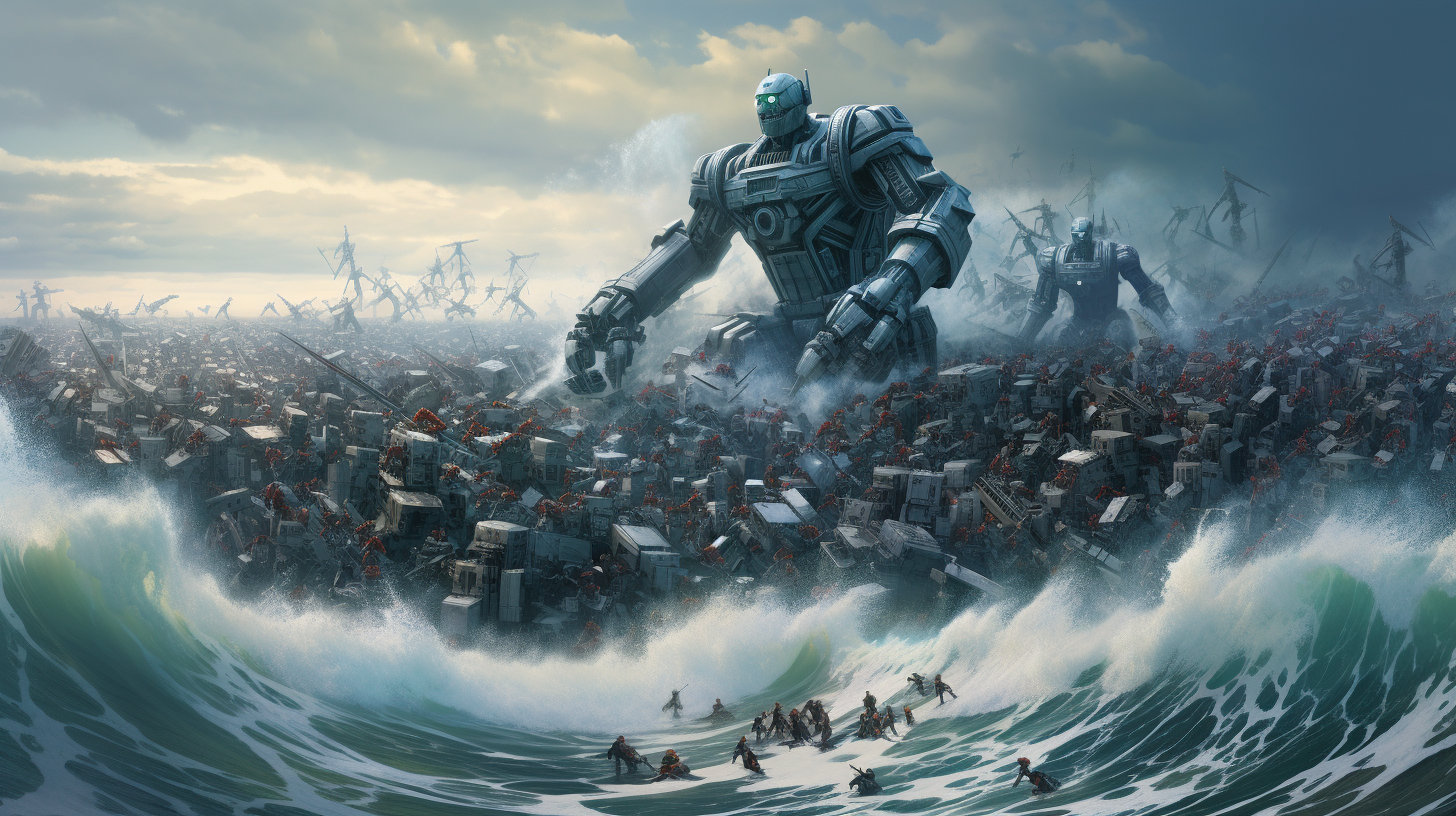 Humorous animated giant wave of robots