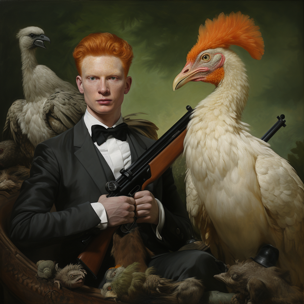 Ginger riding ostrich with gun