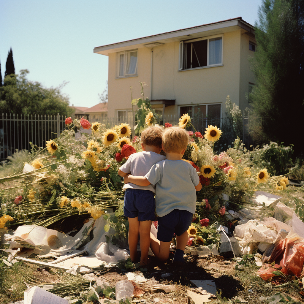 Two boys with ginger hair hugging at Kibbutz Beeri