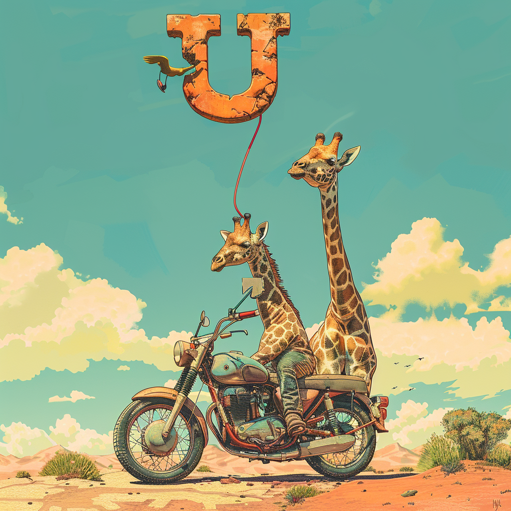 Two giraffes riding motorcycle holding U