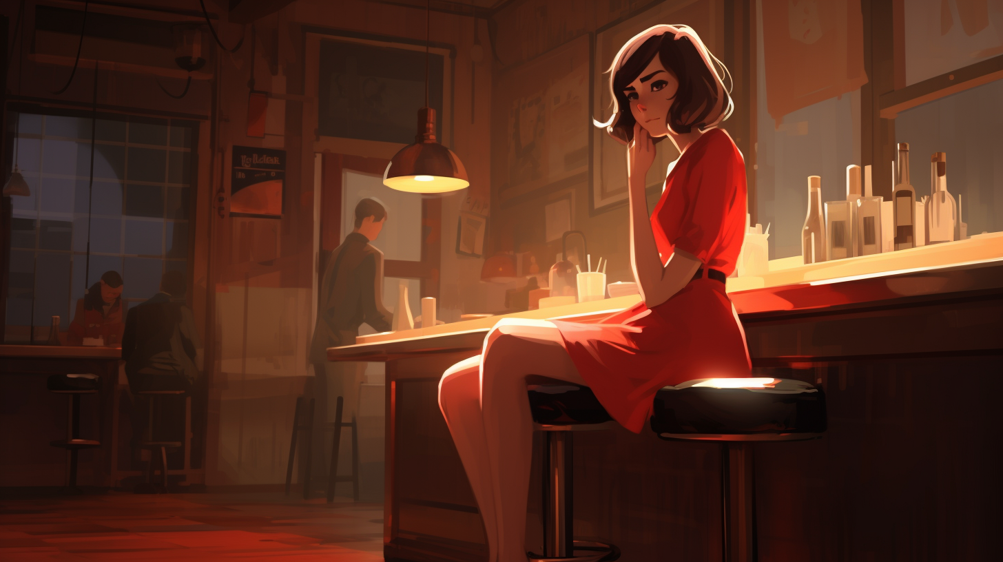 Stylish girl with bob hairstyle in red dress at bar