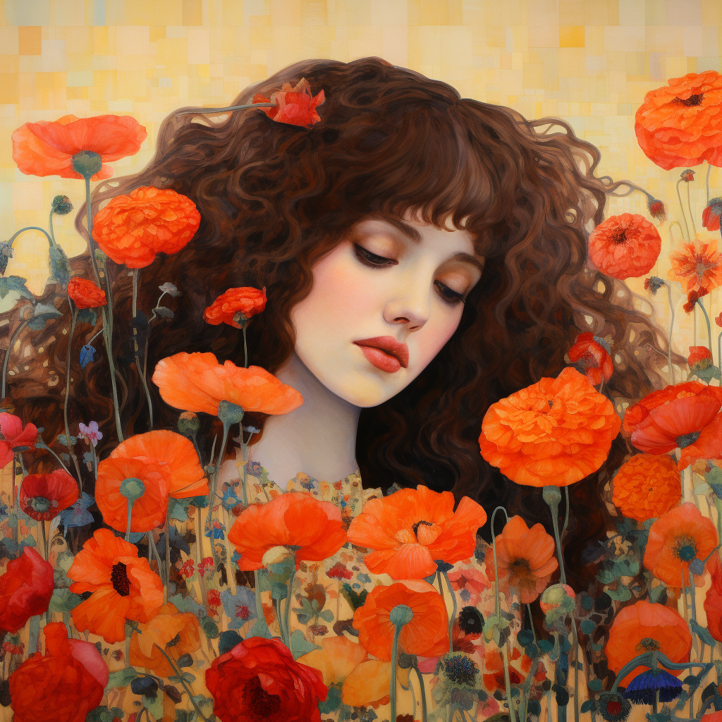 Beautiful girl with curly hair surrounded by poppies