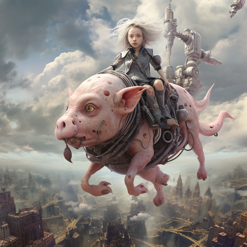 Girl riding cyborg pig in city