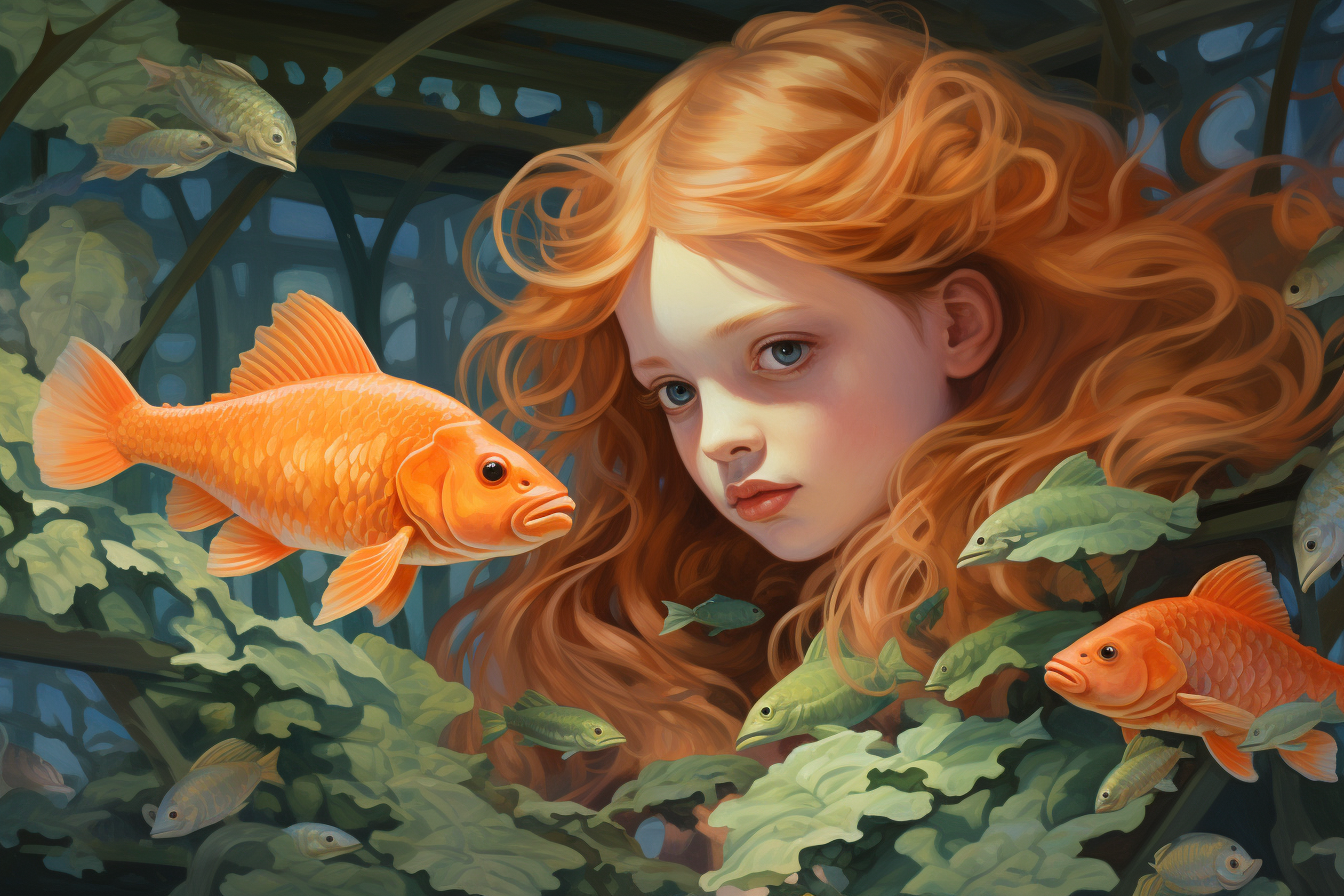 Girl holding a goldfish in a botanic garden