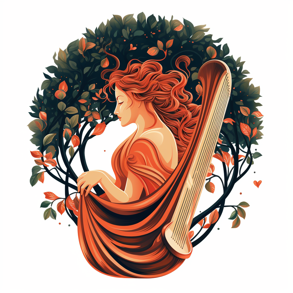 Girl playing harp in a growing tree