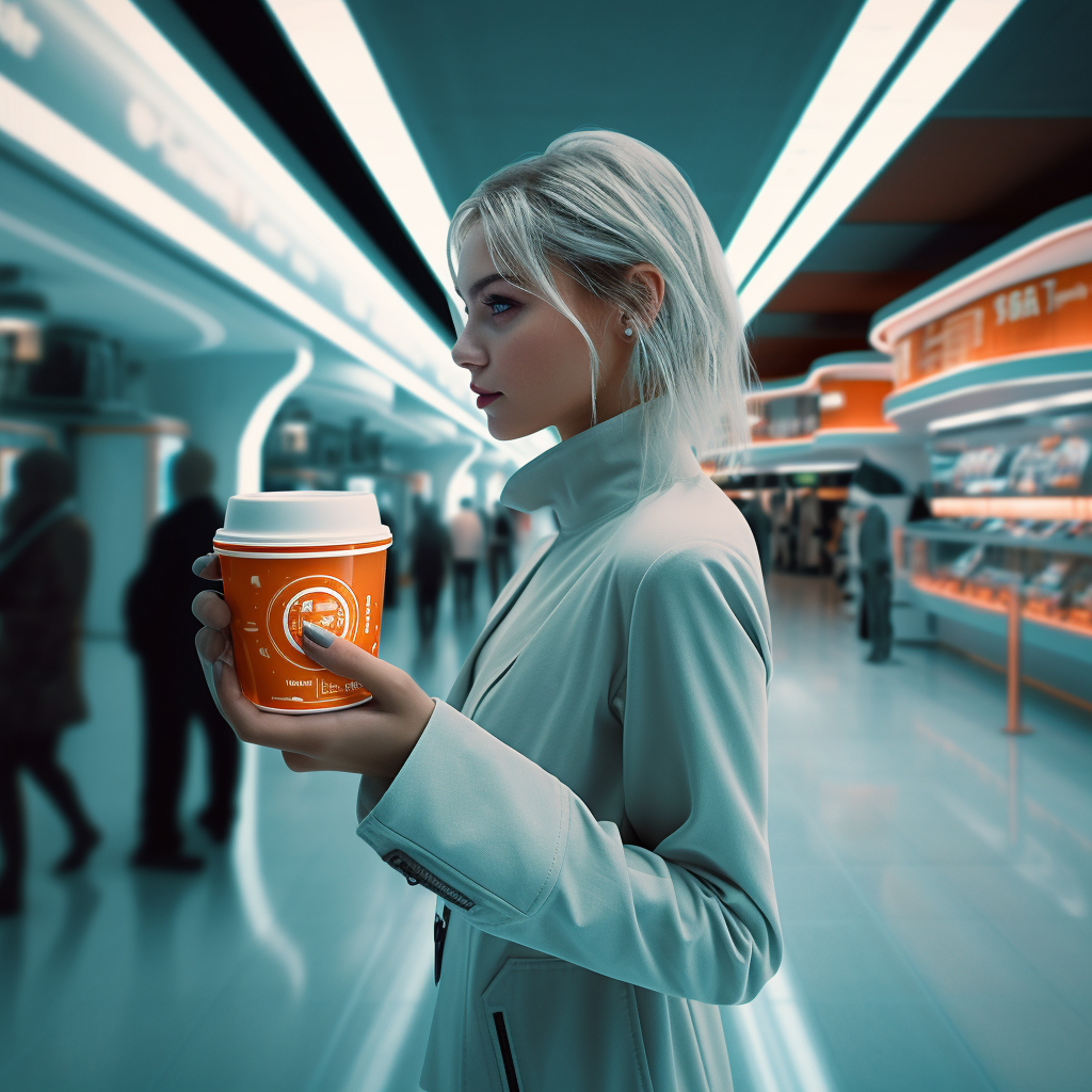 Girl holding coffee cup in futuristic supermarket