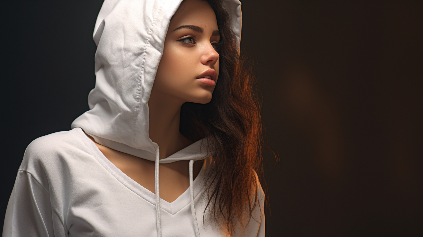 Fashionable girl model wearing white hoodie looking to the side