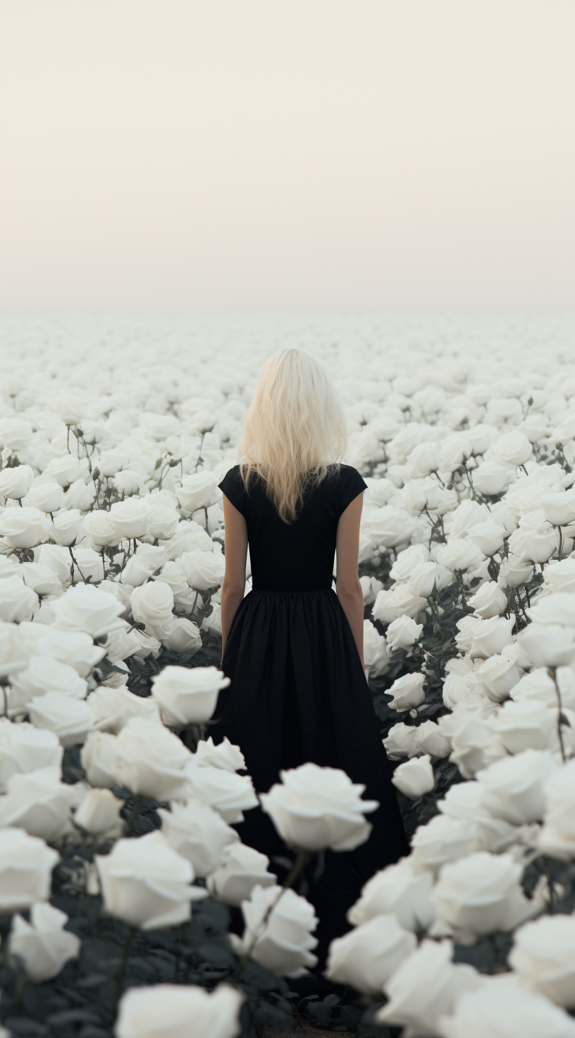 Girl in Polka Dot Dress in White Rose Field