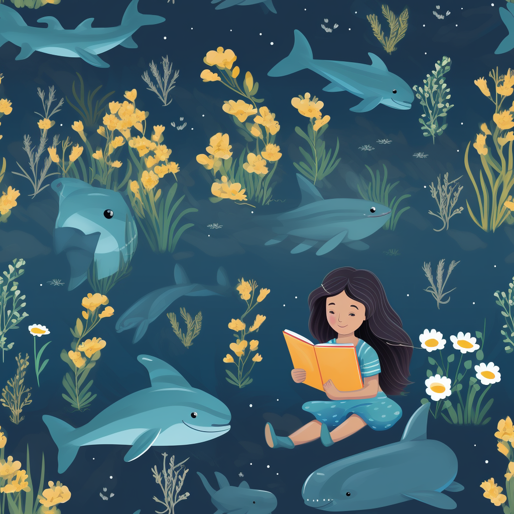 Girl reading book to whale underwater