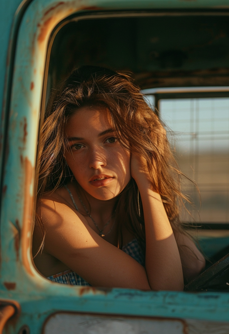 Girl sitting in truck in desert