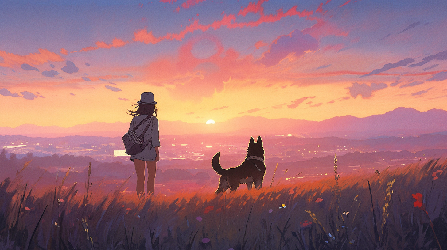 Girl watching sunrise with dog in field