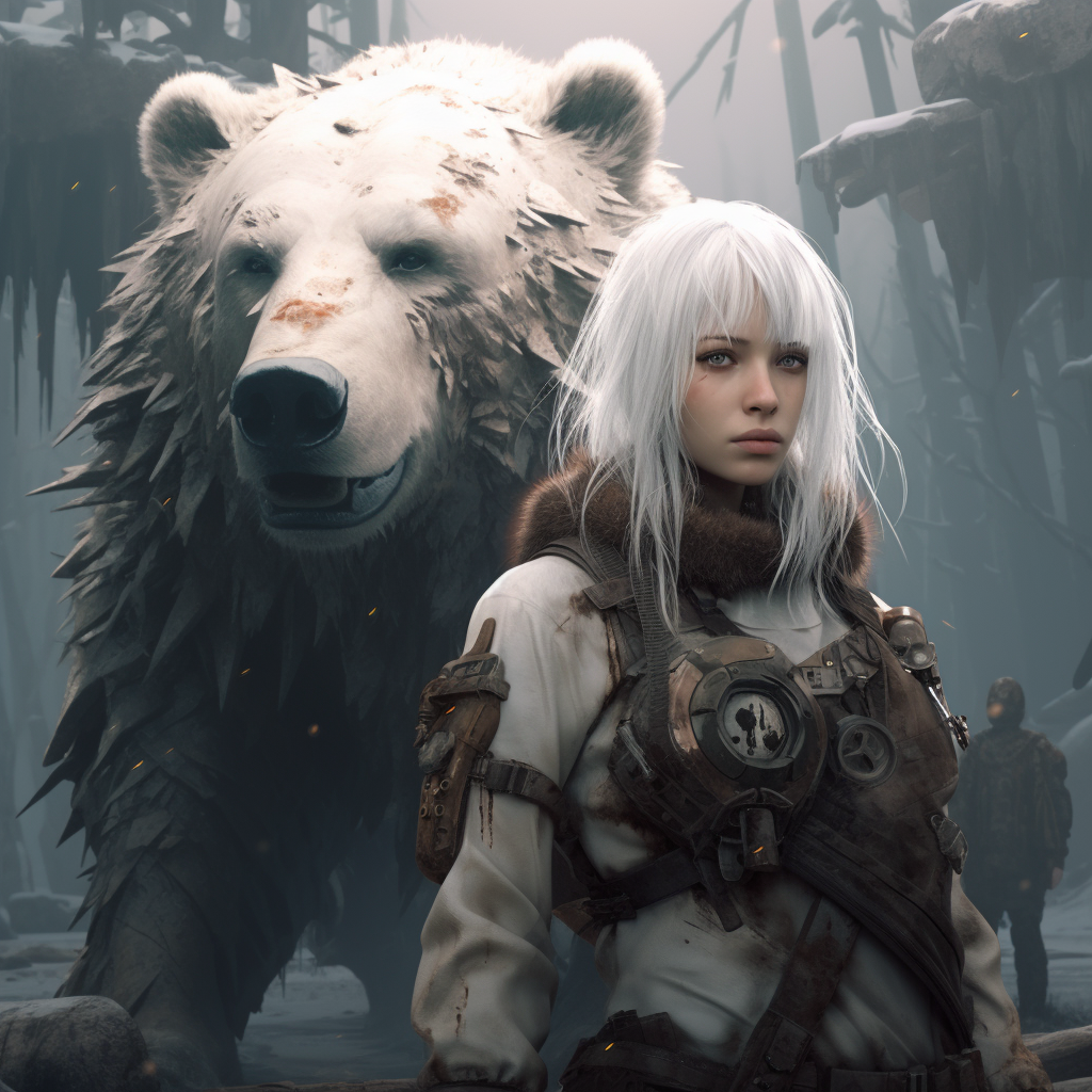 Girl with White Hair and Brown Bear in Forest