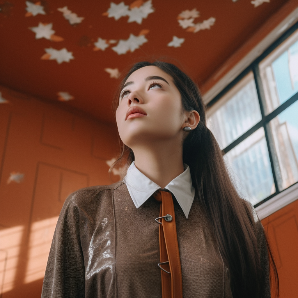 Girl in Japanese Minimalist Classroom Looking Up