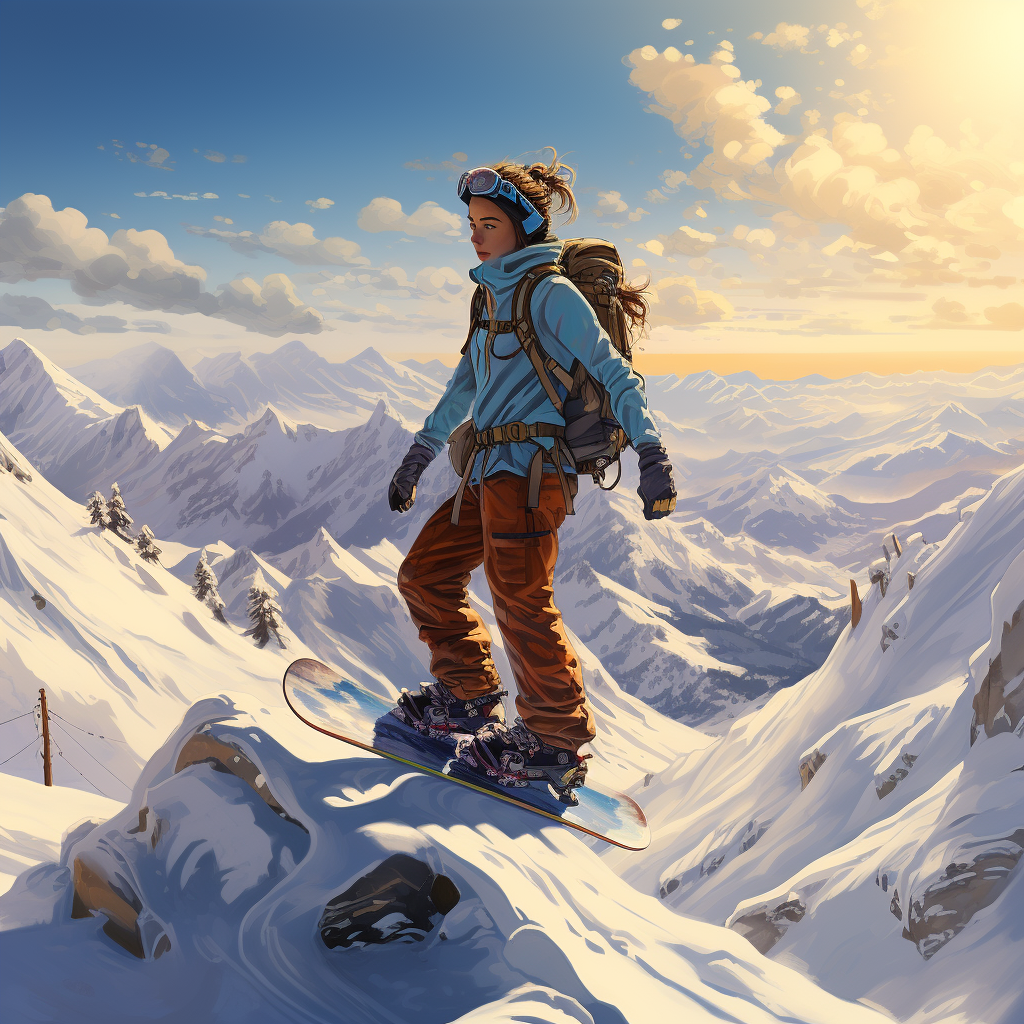 Girl snowboarding in the mountains