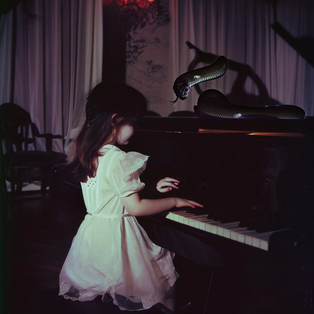 Little girl playing piano with snake