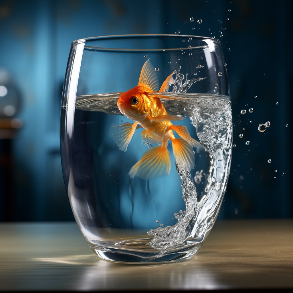 Glass water with canary and goldfish on table