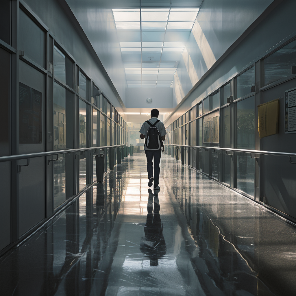 Man walking through glass window classrooms