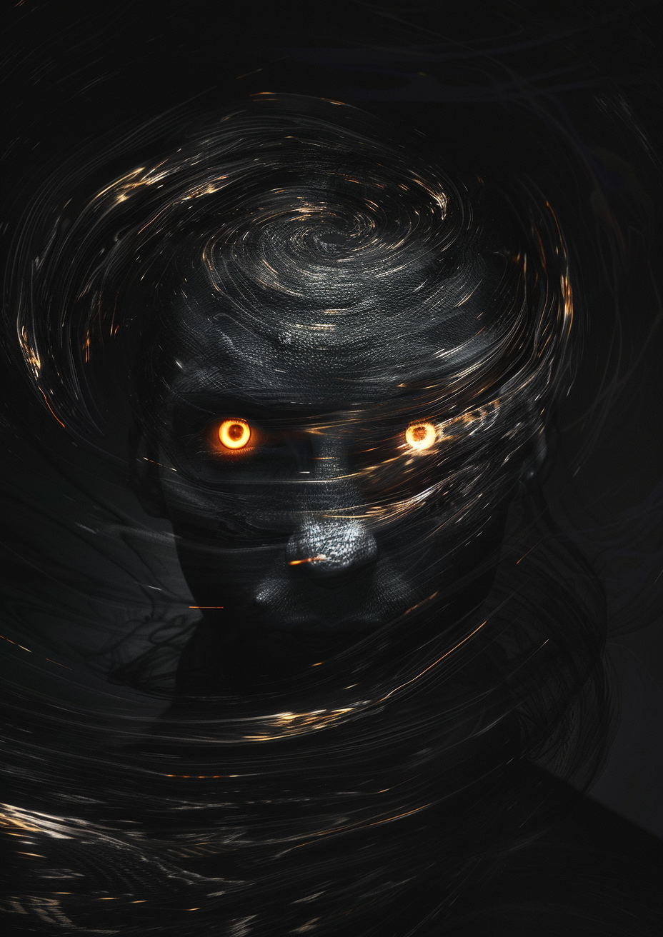 Black figure tired eyes swirling vortex