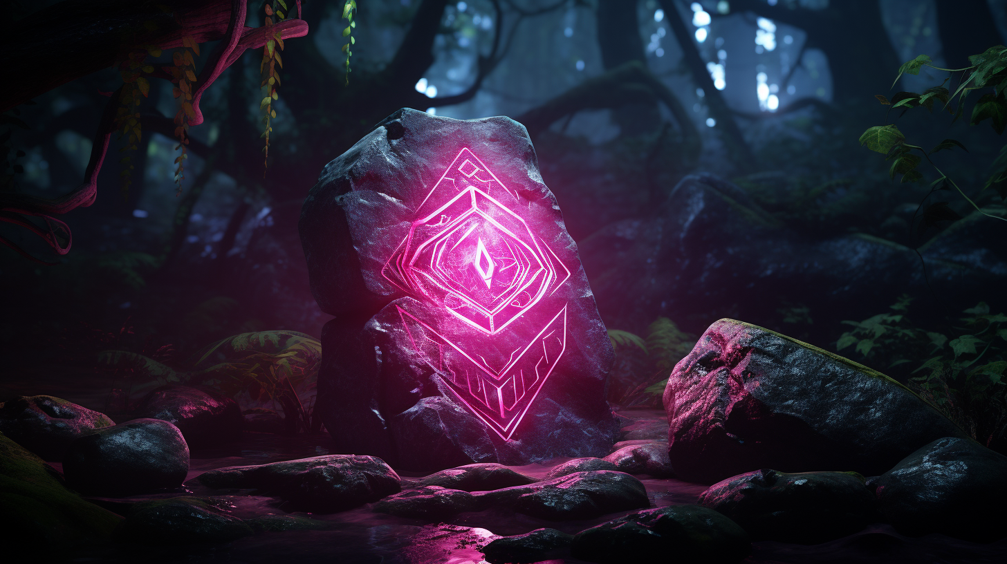 Photorealistic stone with glowing magenta runes